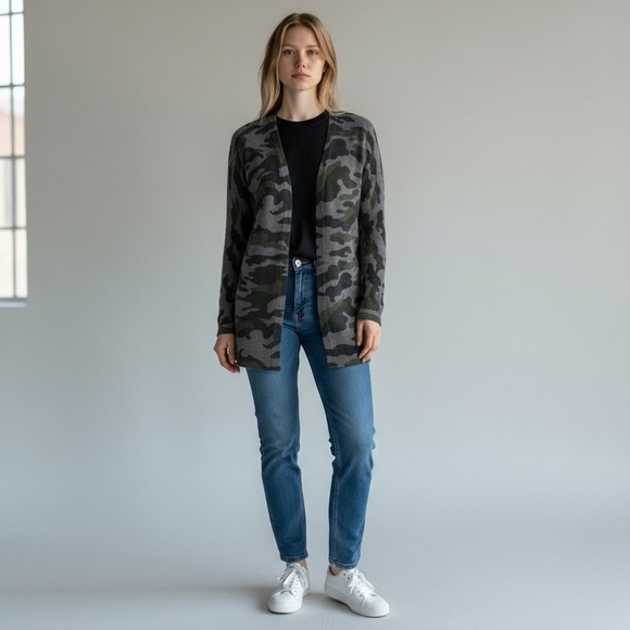 NEW Magaschoni Open Front Cashmere Cardigan Sweater Olive & Gray Camo Size Small - Picture 1 of 7